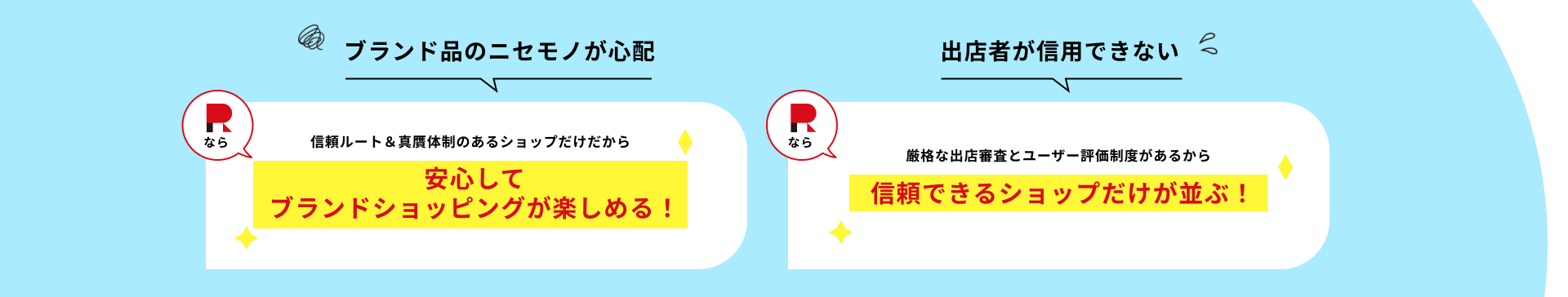 [リユースでも安ブランド品のニセモノが心配]信頼ルート＆真贋体制のあるショップだけだから安心してブランドショッピングが楽しめる！/[出店者が信用できない]厳格な出店審査とユーザー評価制度があるから信頼できるショップだけが並ぶ！