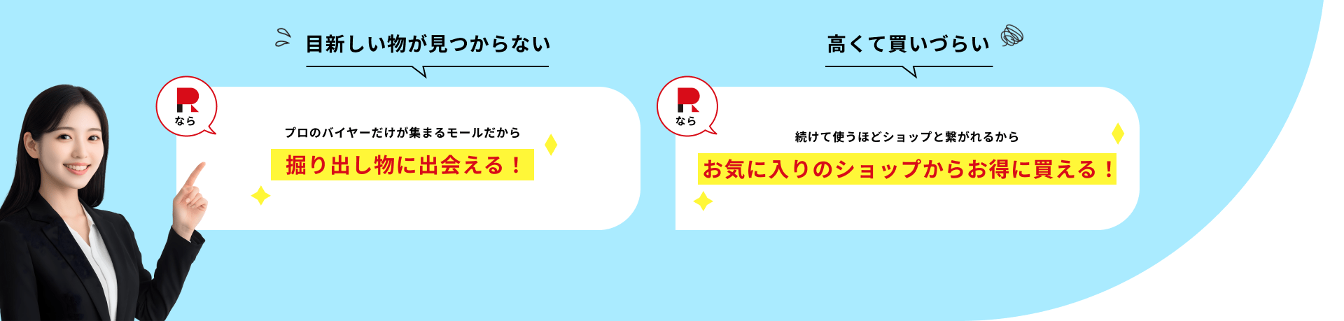[目新しい物が見つからない]プロのバイヤーだけが集まるモールだから掘り出し物に出会える！/[高くて買いづらい]続けて使うほどショップと繋がれるからお気に入りのショップからお得に買える！